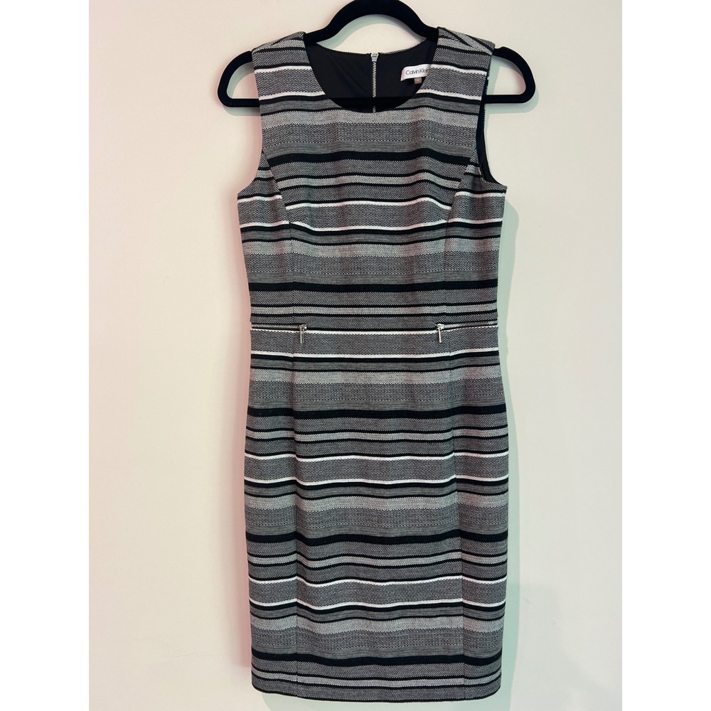 Calvin‎ Klein Women's Gray Black Textured Striped Sleeveless Sheath Dress Size 4